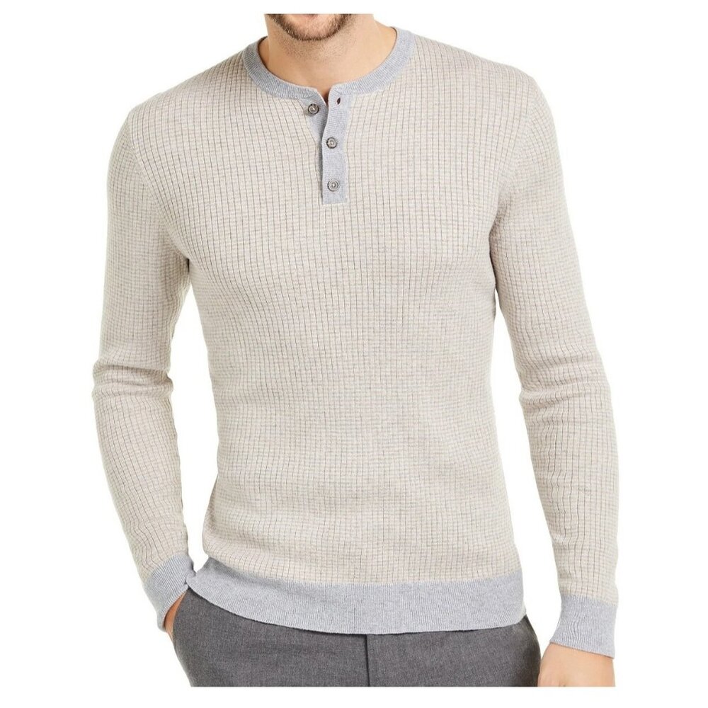 Tasso Elba Men's Luxe Striped Long-Sleeve Henley Shirt, Taupe Combo, XXL